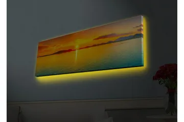 Canvastavla med LED-belysning - Solnedgång över stilla vatten - Orange / Blå / Guld - Inredning - Tavlor & posters - Canvastavla