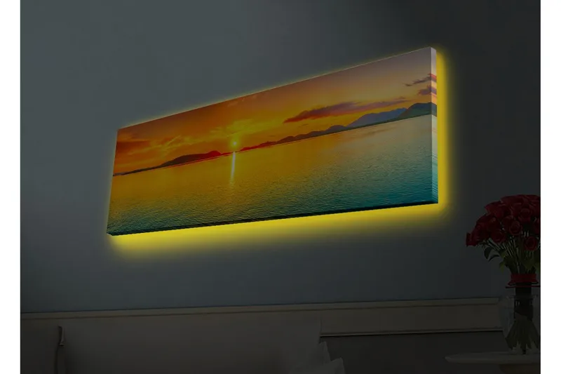 Canvastavla med LED-belysning - Solnedgång över stilla vatten, Orange / Blå / Guld