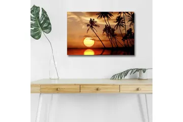 Canvastavla med LED-belysning - Solnedgång med palmer vid horisonten - Orange / Svart / Guld - Inredning - Tavlor & posters - Canvastavla