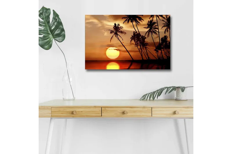 Canvastavla med LED-belysning - Solnedgång med palmer vid horisonten, Orange / Svart / Guld