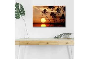 Canvastavla med LED-belysning - Solnedgång med palmer vid horisonten - Orange / Svart / Guld - Inredning - Tavlor & posters - Canvastavla