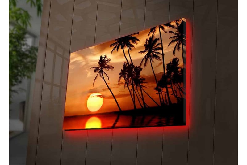 Canvastavla med LED-belysning - Solnedgång med palmer vid horisonten - Orange / Svart / Guld - Inredning - Tavlor & posters - Canvastavla