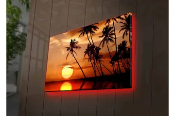 Canvastavla med LED-belysning - Solnedgång med palmer vid horisonten - Orange / Svart / Guld - Inredning - Tavlor & posters - Canvastavla
