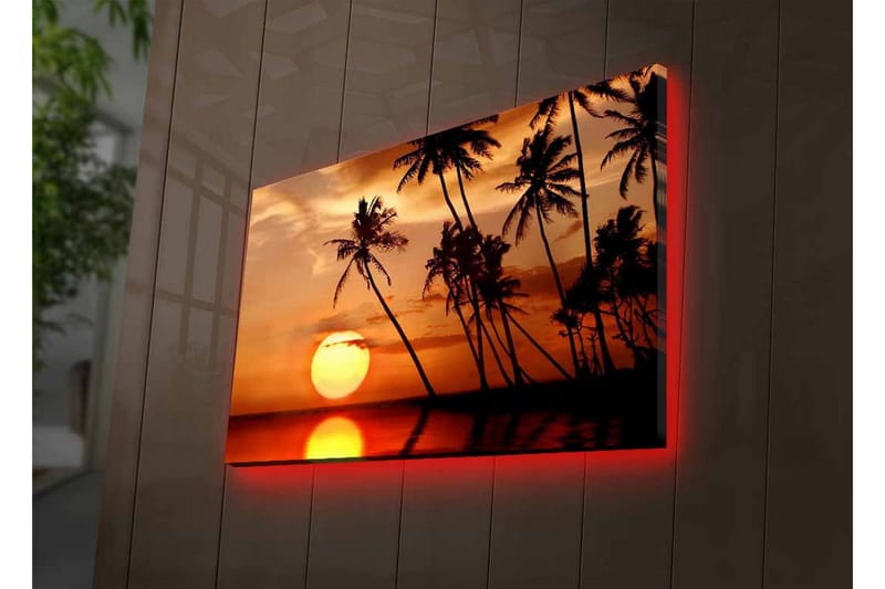 Canvastavla med LED-belysning - Solnedgång med palmer vid horisonten - Orange / Svart / Guld - Inredning - Tavlor & posters - Canvastavla