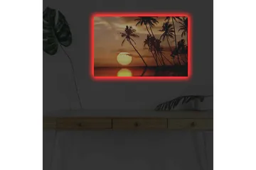 Canvastavla med LED-belysning - Solnedgång med palmer vid horisonten - Orange / Svart / Guld - Inredning - Tavlor & posters - Canvastavla