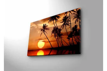 Canvastavla med LED-belysning - Solnedgång med palmer vid horisonten - Orange / Svart / Guld - Inredning - Tavlor & posters - Canvastavla