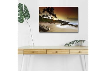 Canvastavla med LED-belysning - Solnedgång vid en tropisk strand med palmer och klippor - Mörkbrun / Beige / Grön - Inredning - Tavlor & posters - Canvastavla