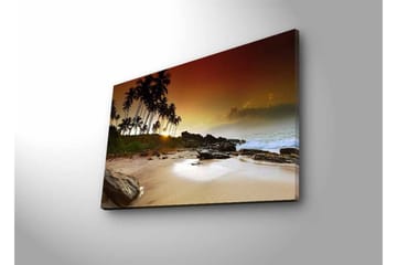 Canvastavla med LED-belysning - Solnedgång vid en tropisk strand med palmer och klippor - Mörkbrun / Beige / Grön - Inredning - Tavlor & posters - Canvastavla