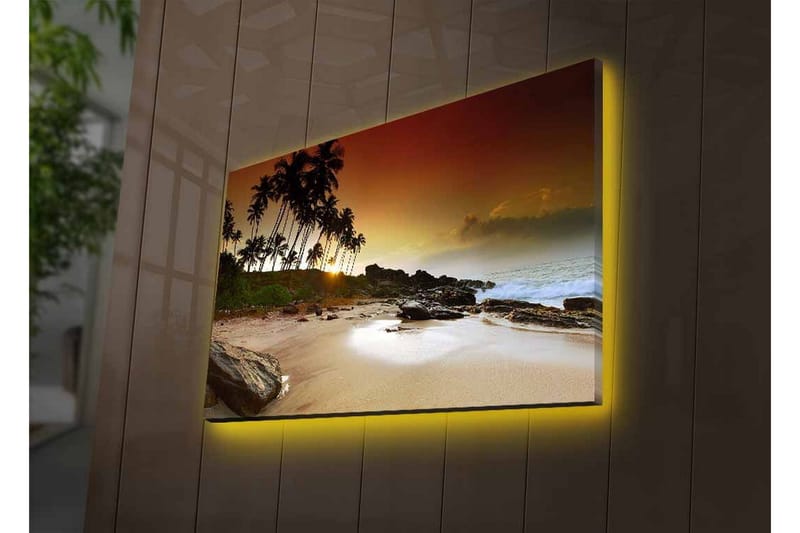 Canvastavla med LED-belysning - Solnedgång vid en tropisk strand med palmer och klippor - Mörkbrun / Beige / Grön - Inredning - Tavlor & posters - Canvastavla