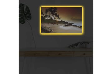 Canvastavla med LED-belysning - Solnedgång vid en tropisk strand med palmer och klippor - Mörkbrun / Beige / Grön - Inredning - Tavlor & posters - Canvastavla