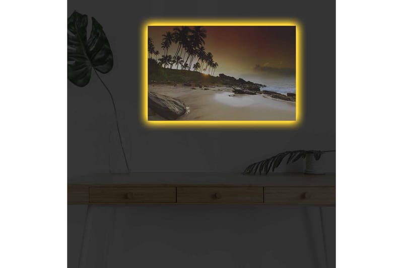 Canvastavla med LED-belysning - Solnedgång vid en tropisk strand med palmer och klippor - Mörkbrun / Beige / Grön - Inredning - Tavlor & posters - Canvastavla