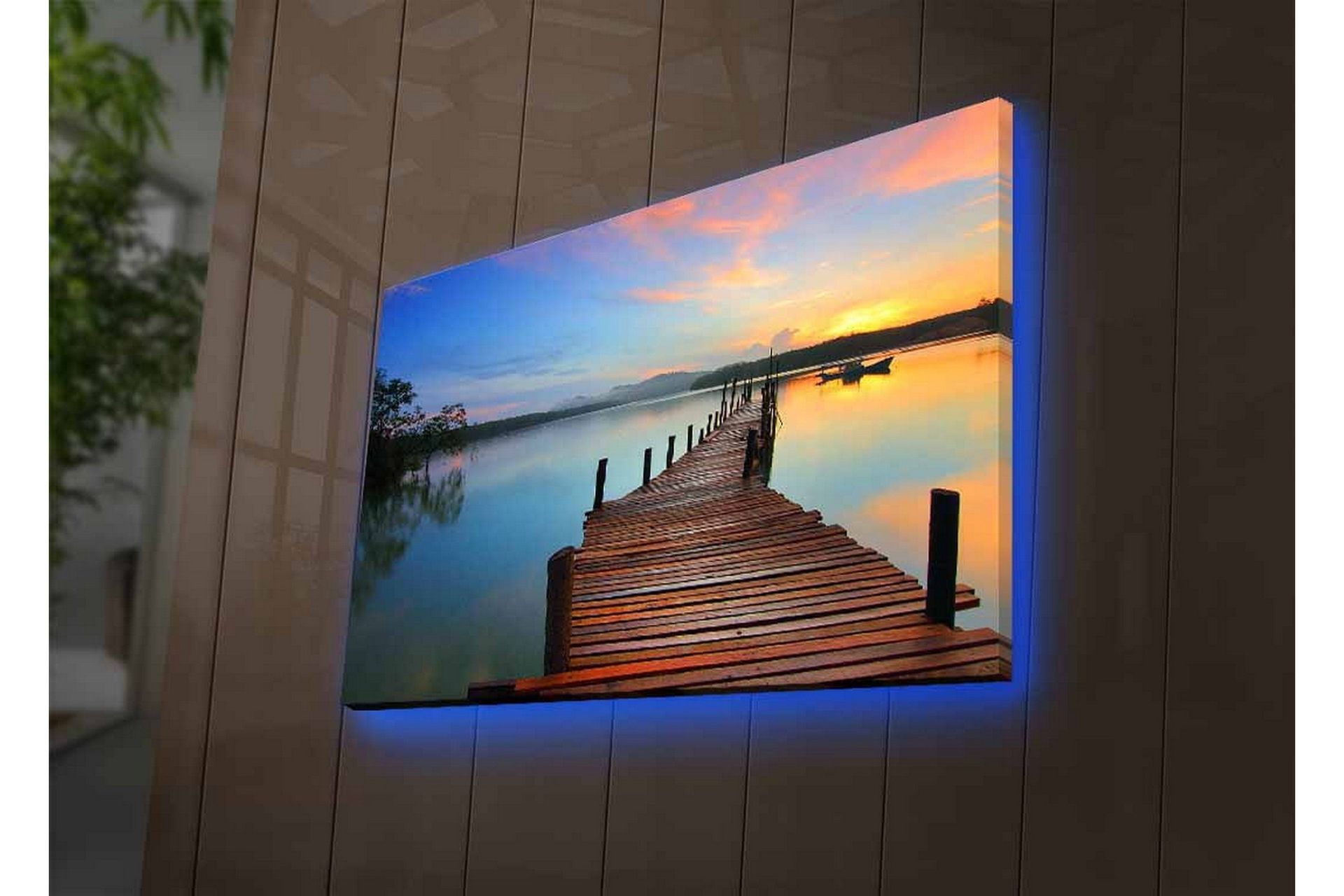 Canvastavla med LED-belysning - Solnedgång över en träbrygga vid vattnet - Orange / Blå / Brun