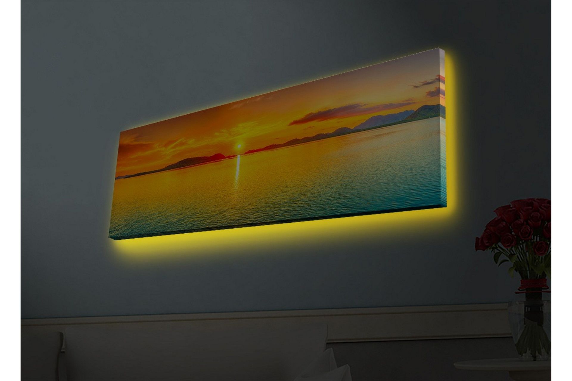 Canvastavla med LED-belysning - Solnedgång över stilla vatten - Orange / Blå / Guld