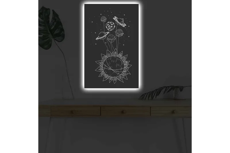 Canvastavla med LED-belysning - Solsystem med planeter och stjärnor i en grafisk komposition - Svart / Vit - Inredning - Tavlor & posters - Canvastavla