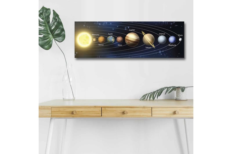 Canvastavla med LED-belysning - Solsystemets planeter i en harmonisk arrangemang - Mörkblå / Gul / Brun - Inredning - Tavlor & posters - Canvastavla