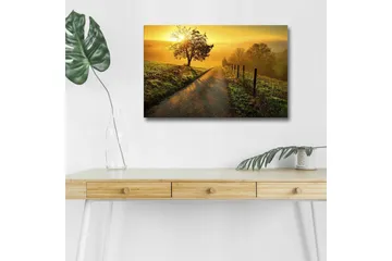 Canvastavla med LED-belysning - Soluppgång över en slingrande väg med träd och gärdesgård - Guld / Grön / Brun - Inredning - Tavlor & posters - Canvastavla