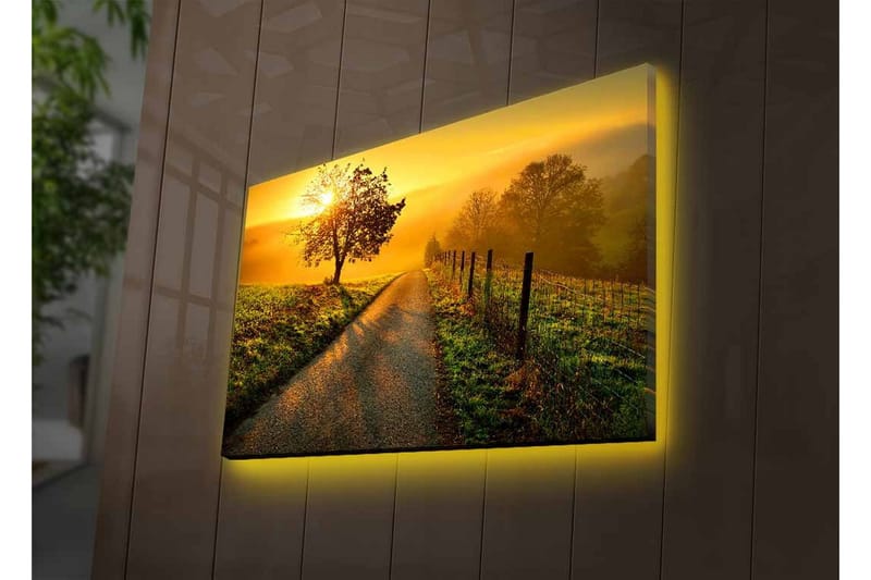Canvastavla med LED-belysning - Soluppgång över en slingrande väg med träd och gärdesgård - Guld / Grön / Brun - Inredning - Tavlor & posters - Canvastavla