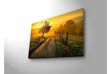 Canvastavla med LED-belysning - Soluppgång över en slingrande väg med träd och gärdesgård - Guld / Grön / Brun - Inredning - Tavlor & posters - Canvastavla