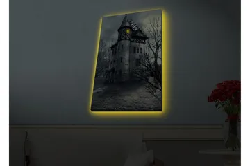 Canvastavla med LED-belysning - Spöklik herrgård omgiven av döda träd - Grå / Svart / Gul - Inredning - Tavlor & posters - Canvastavla
