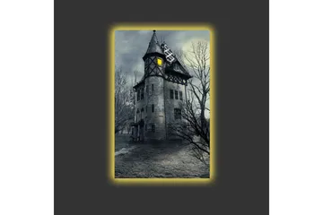 Canvastavla med LED-belysning - Spöklik herrgård omgiven av döda träd - Grå / Svart / Gul - Inredning - Tavlor & posters - Canvastavla