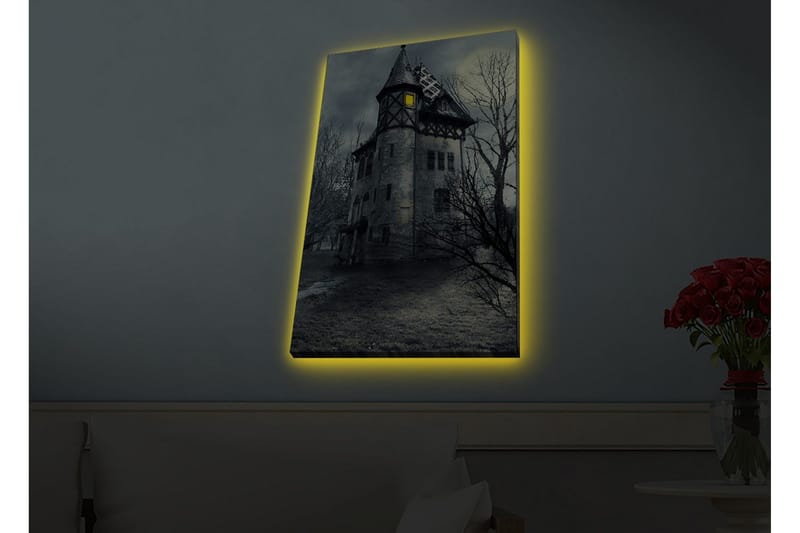 Canvastavla med LED-belysning - Spöklik herrgård omgiven av döda träd - Grå / Svart / Gul - Inredning - Tavlor & posters - Canvastavla