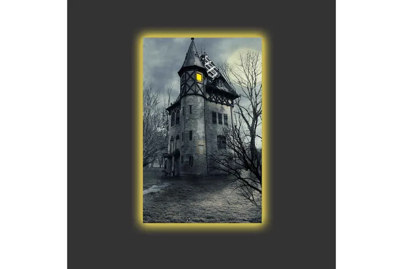 Canvastavla med LED-belysning - Spöklik herrgård omgiven av döda träd - Grå / Svart / Gul - Inredning - Tavlor & posters - Canvastavla