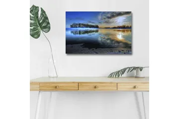 Canvastavla med LED-belysning - Spegelblanka sjölandskap med en ö i horisonten - Blå / Grön / Guld - Inredning - Tavlor & posters - Canvastavla