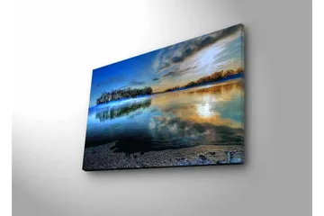 Canvastavla med LED-belysning - Spegelblanka sjölandskap med en ö i horisonten - Blå / Grön / Guld - Inredning - Tavlor & posters - Canvastavla