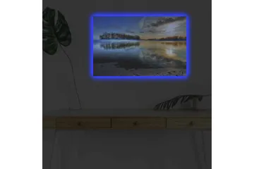 Canvastavla med LED-belysning - Spegelblanka sjölandskap med en ö i horisonten - Blå / Grön / Guld - Inredning - Tavlor & posters - Canvastavla