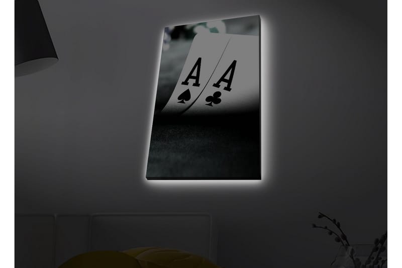 Canvastavla med LED-belysning - Spelkort med två ess i fokus - Svart / Vit / Grön - Inredning - Tavlor & posters - Canvastavla