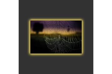 Canvastavla med LED-belysning - Spindelnät med daggdroppar i mjukt ljus - Svart / Grå / Guld - Inredning - Tavlor & posters - Canvastavla