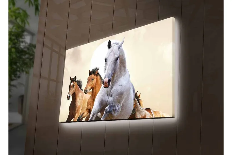 Canvastavla med LED-belysning - Springande hästar i en dynamisk komposition - Vit / Brun / Beige - Inredning - Tavlor & posters - Canvastavla