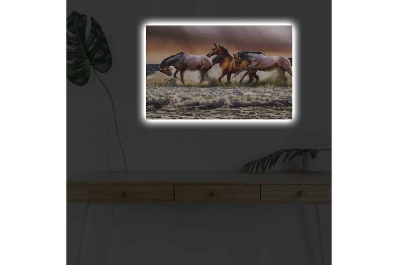 Canvastavla med LED-belysning - Sprudlande hästar som galopperar genom vågorna vid havet - Brun / Beige / Blå - Inredning - Tavlor & posters - Canvastavla