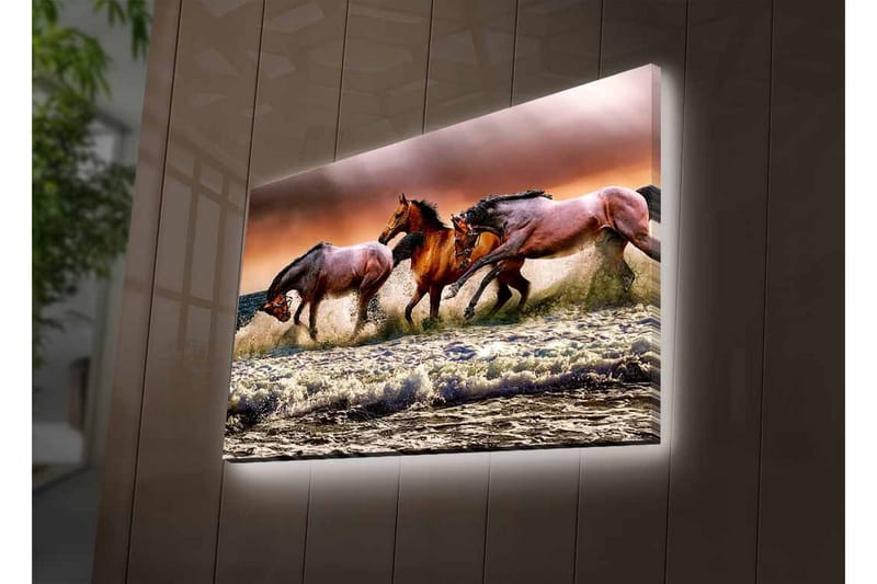 Canvastavla med LED-belysning - Sprudlande hästar som galopperar genom vågorna vid havet - Brun / Beige / Blå - Inredning - Tavlor & posters - Canvastavla