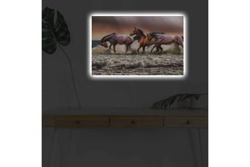 Canvastavla med LED-belysning - Sprudlande hästar som galopperar genom vågorna vid havet - Brun / Beige / Blå - Inredning - Tavlor & posters - Canvastavla
