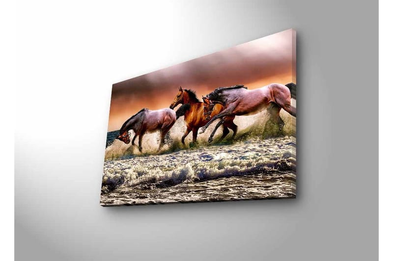 Canvastavla med LED-belysning - Sprudlande hästar som galopperar genom vågorna vid havet - Brun / Beige / Blå - Inredning - Tavlor & posters - Canvastavla