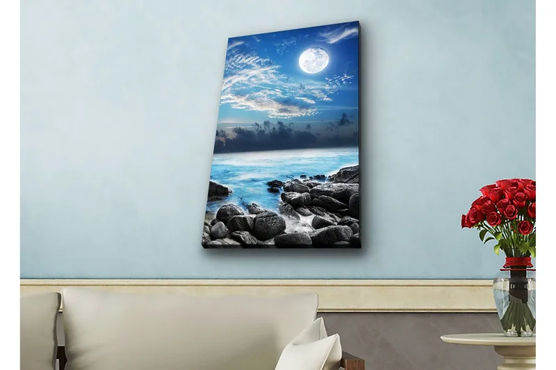 Canvastavla med LED-belysning - Stämningsfull havslandskap med måne och klippor - Blå / Grå / Vit - Inredning - Tavlor & posters - Canvastavla