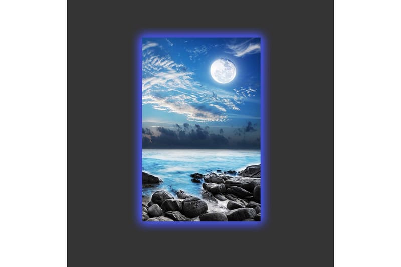Canvastavla med LED-belysning - Stämningsfull havslandskap med måne och klippor - Blå / Grå / Vit - Inredning - Tavlor & posters - Canvastavla