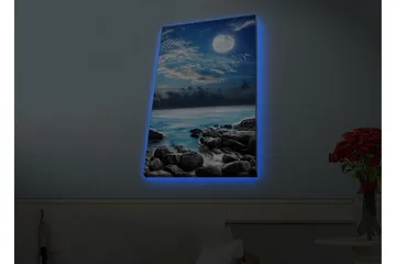 Canvastavla med LED-belysning - Stämningsfull havslandskap med måne och klippor - Blå / Grå / Vit - Inredning - Tavlor & posters - Canvastavla
