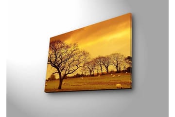 Canvastavla med LED-belysning - Stämningsfull landskapsvy med siluetter av träd mot en gyllene himmel - Guld / Brun / Svart - Inredning - Tavlor & posters - Canvastavla