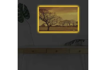 Canvastavla med LED-belysning - Stämningsfull landskapsvy med siluetter av träd mot en gyllene himmel - Guld / Brun / Svart - Inredning - Tavlor & posters - Canvastavla
