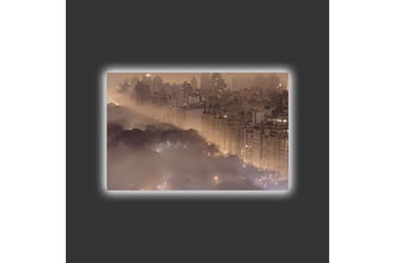 Canvastavla med LED-belysning - Stämningsfull stadsbild i dimma med skyskrapor och trädtoppar - Mörkbrun / Grå / Guld - Inredning - Tavlor & posters - Canvastavla