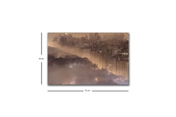 Canvastavla med LED-belysning - Stämningsfull stadsbild i dimma med skyskrapor och trädtoppar - Mörkbrun / Grå / Guld - Inredning - Tavlor & posters - Canvastavla