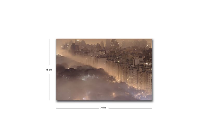Canvastavla med LED-belysning - Stämningsfull stadsbild i dimma med skyskrapor och trädtoppar - Mörkbrun / Grå / Guld - Inredning - Tavlor & posters - Canvastavla