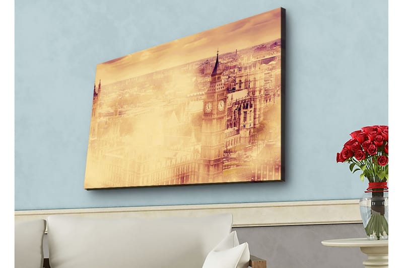 Canvastavla med LED-belysning - Stämningsfull vy av en stad med kända byggnader i dimma - Beige / Guld / Mörkbrun - Inredning - Tavlor & posters - Canvastavla