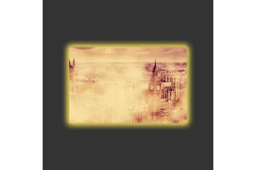 Canvastavla med LED-belysning - Stämningsfull vy av en stad med kända byggnader i dimma - Beige / Guld / Mörkbrun - Inredning - Tavlor & posters - Canvastavla