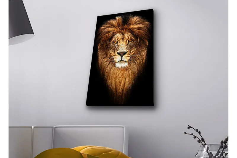 Canvastavla med LED-belysning - Ståtlig lejonhuvud med majestätisk man - Guld / Svart / Brun - Inredning - Tavlor & posters - Canvastavla