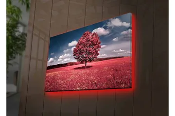 Canvastavla med LED-belysning - Ståtligt rosa träd på en färgglad äng - Rosa / Grön / Blå - Inredning - Tavlor & posters - Canvastavla