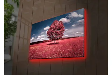 Canvastavla med LED-belysning - Ståtligt rosa träd på en färgglad äng - Rosa / Grön / Blå - Inredning - Tavlor & posters - Canvastavla