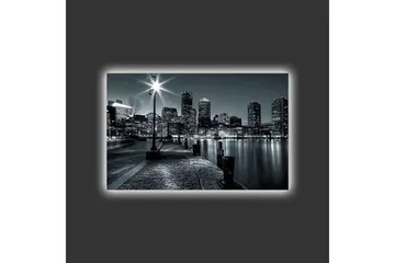 Canvastavla med LED-belysning - Stadslandskap i svartvitt med reflektioner i vattnet - Svart / Grå - Inredning - Tavlor & posters - Canvastavla